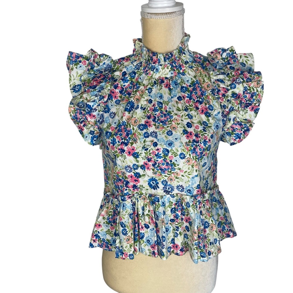 Meet Me In Santorini Blue Pink Floral Ruffled Blouse High Low Hem Size‎ XS